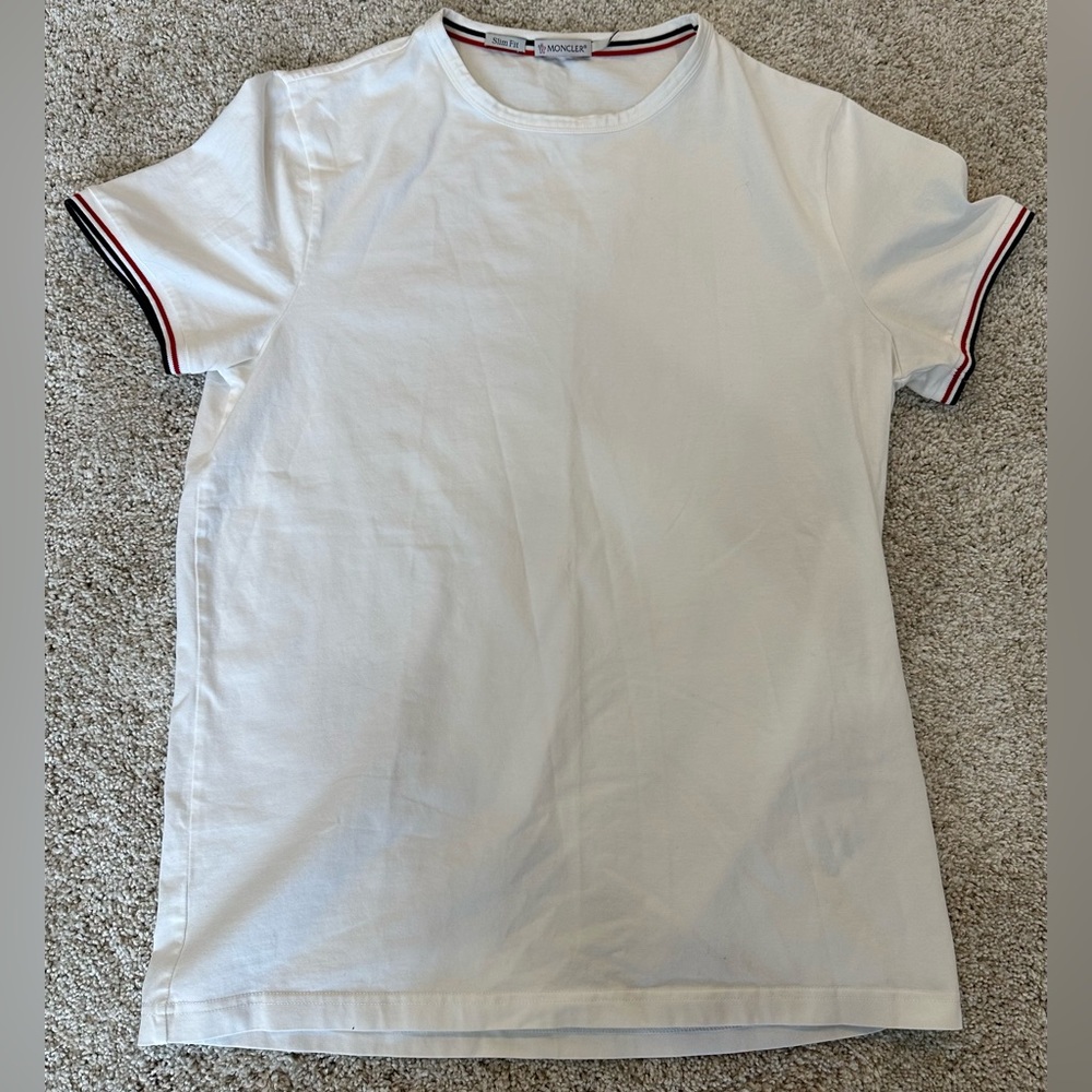 Men’s Moncler Slim Fit T-Shirt (Large but Fits Like S/M) (Striped Trim)